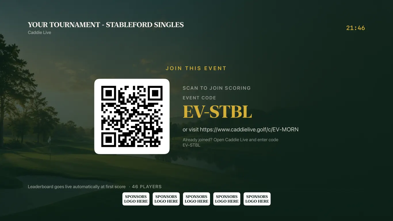 Caddie Live TV Beitrittsbildschirm mit QR-Code und Event-Code zum Starten des Scorings