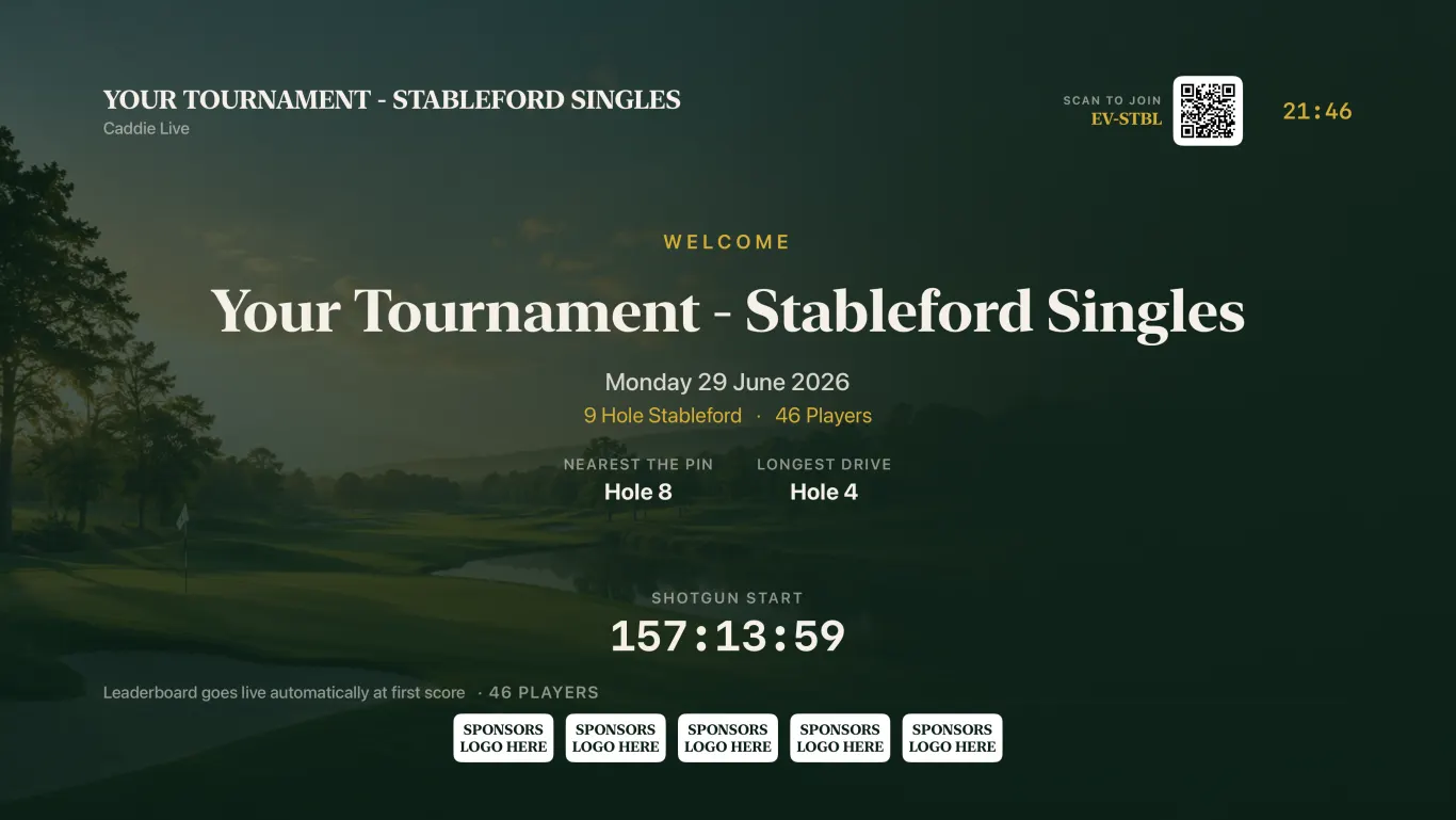 Caddie Live TV Vor-Event-Bildschirm mit Turnier-Countdown und Event-Infos