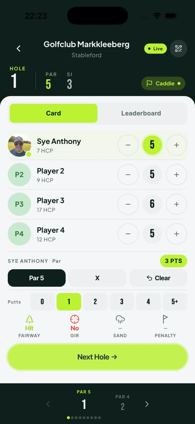 Caddie-Live-Scoring-Cockpit mit Loch-für-Loch-Stableford-Eingabe für vier Spieler