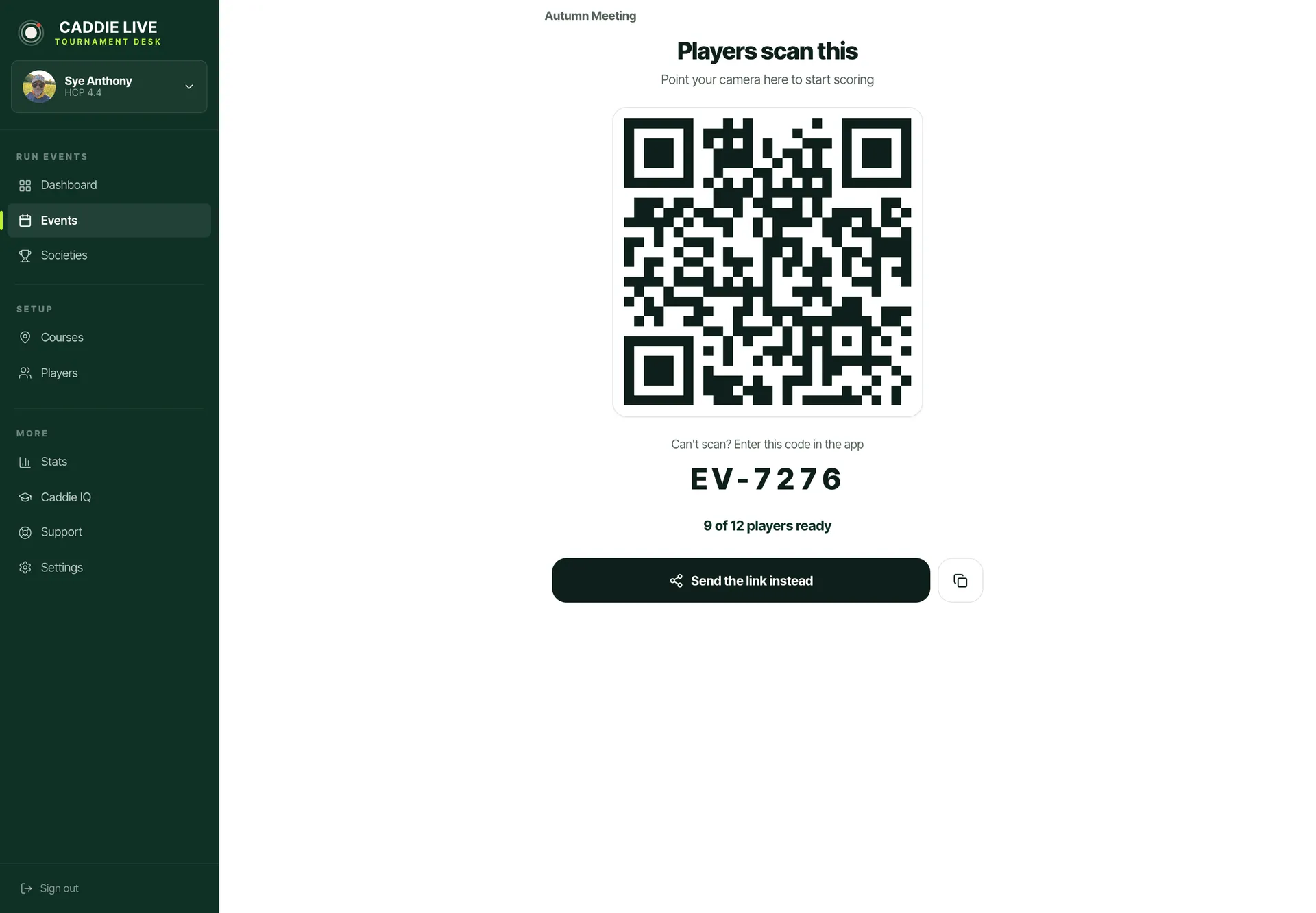 A full-screen join code and QR for players to scan, showing nine of twelve players ready