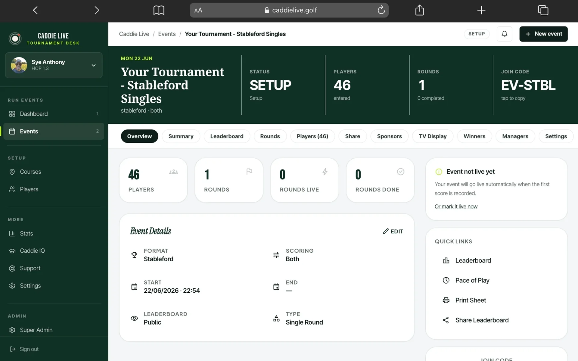 Caddie Live Event-Setup mit 46 Spielern, Leaderboard, Sponsoren und TV-Anzeige-Tabs