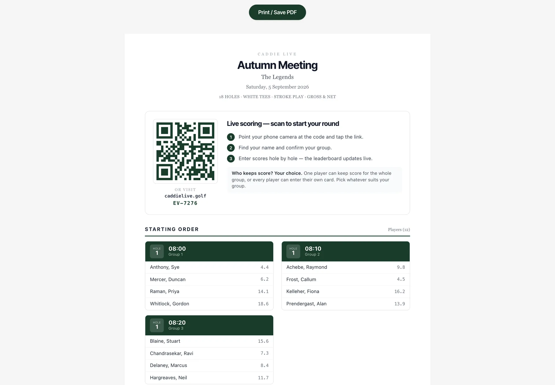 A printable start sheet with the event name, date, format, a join QR code and the starting order by tee group