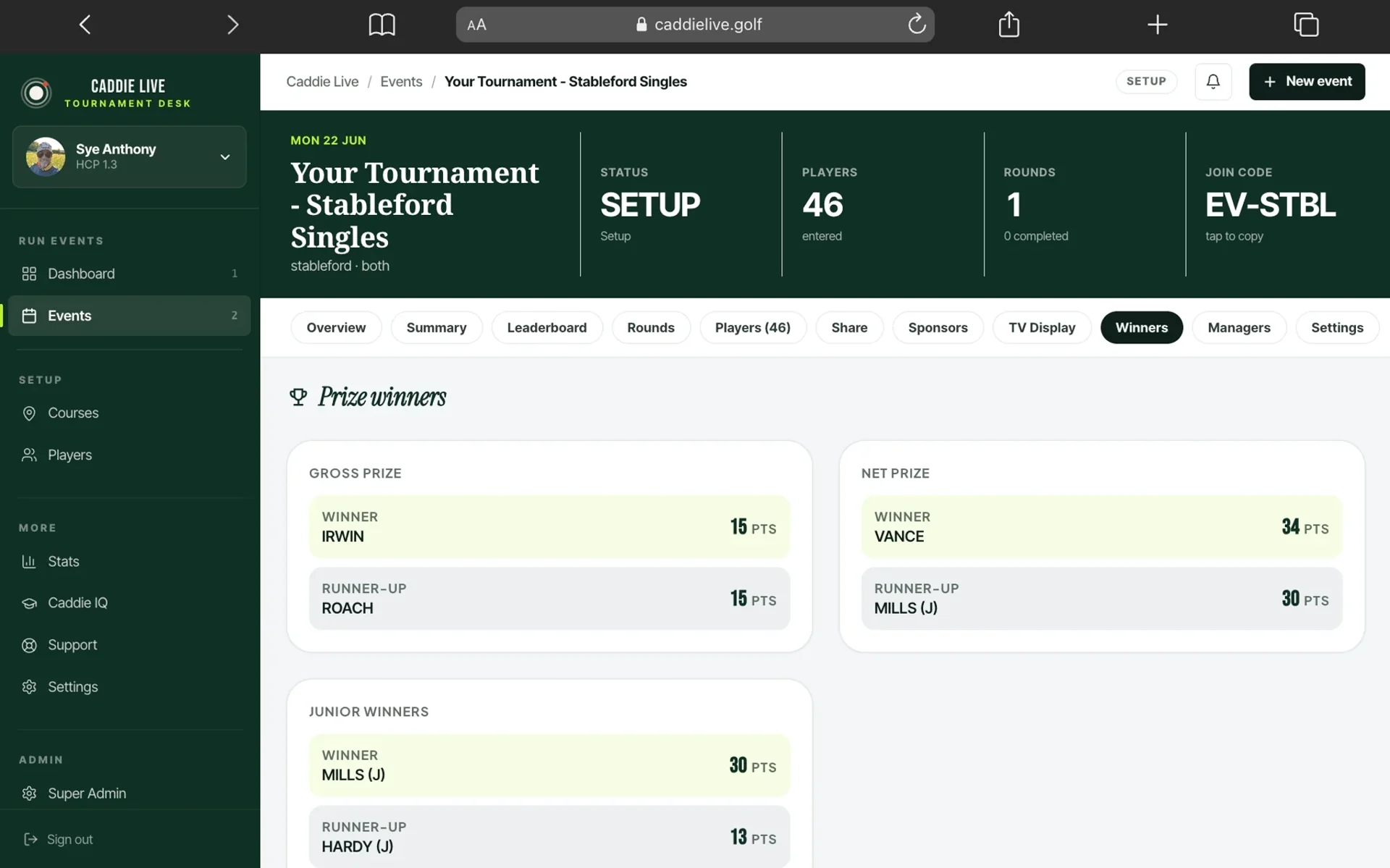 Brutto-, Netto- und Jugend-Preisträger eines Caddie Live Golf-Events