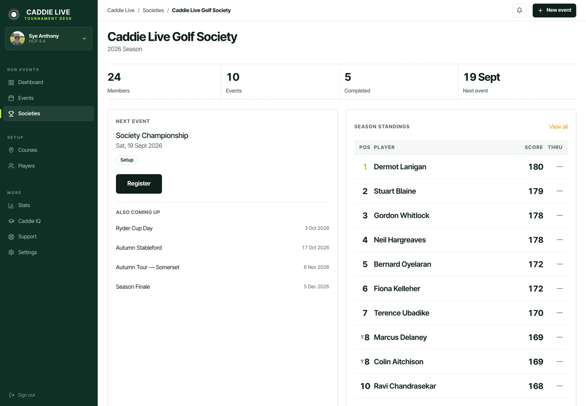 Society-dashboard in Caddie Live met toernooikalender, live seizoensstand en snelle acties