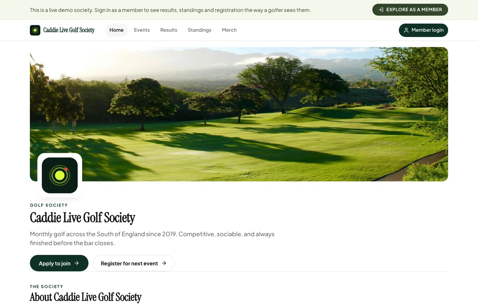 The Caddie Live Golf Society website: cover photo, society name, an Apply to join button and the start of the About section