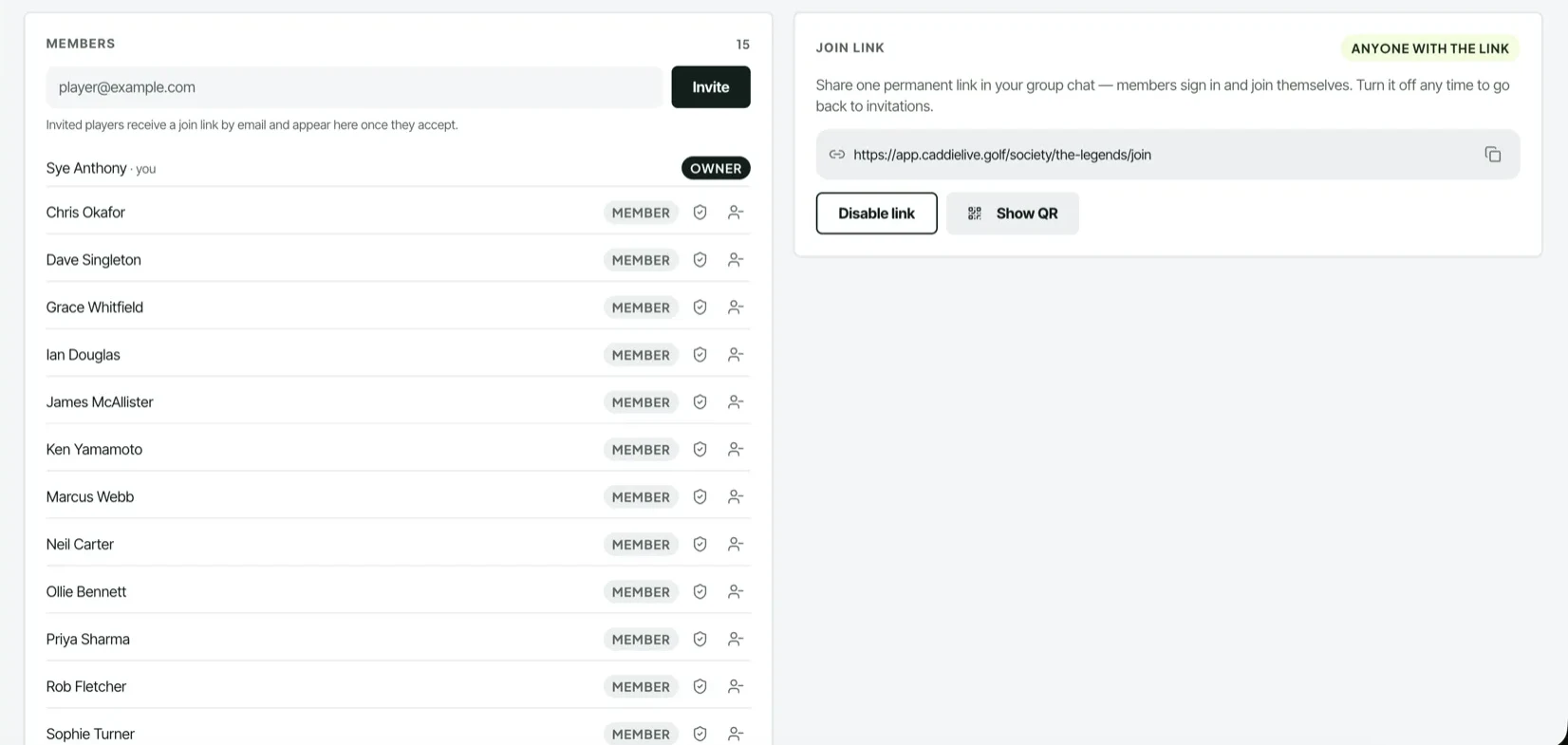 Society member list with fifteen members, their roles, an invite-by-email field, and a permanent join link with a QR code that lets members add themselves