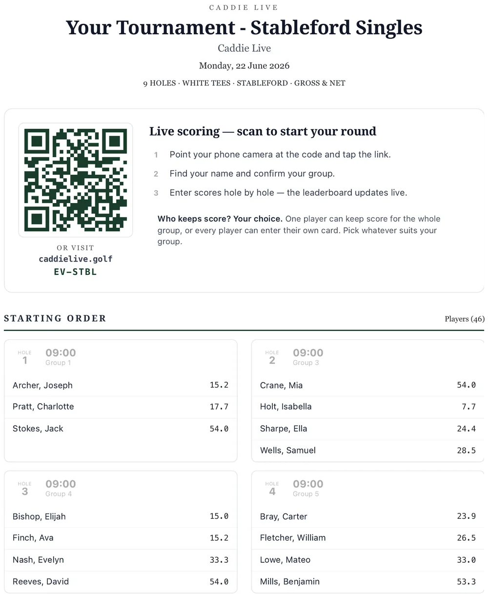 Druckbare Caddie-Live-Startliste mit QR-Code zum Starten des Scorings sowie Startreihenfolge mit Gruppen und Startzeiten