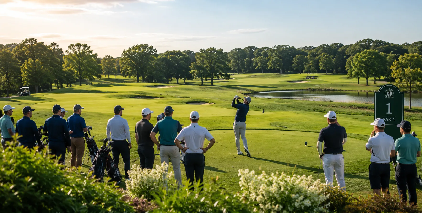 Un gruppo di una società di golf sulla prima piazzola di partenza all'inizio di un evento