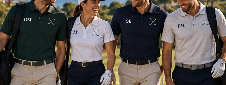 Four golf society members walking in, each polo carrying the society crest and that member’s own initials