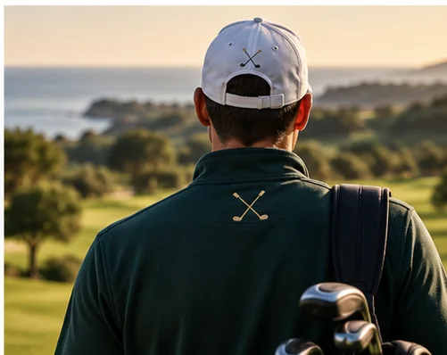 A golfer from behind wearing a dark green society polo with the crossed-clubs crest on the shoulder