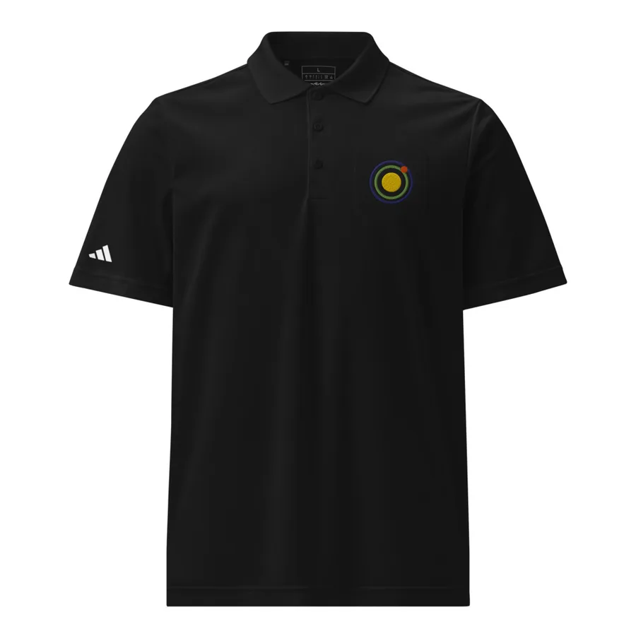 Black golf polo with the Caddie Live society crest embroidered on the left chest