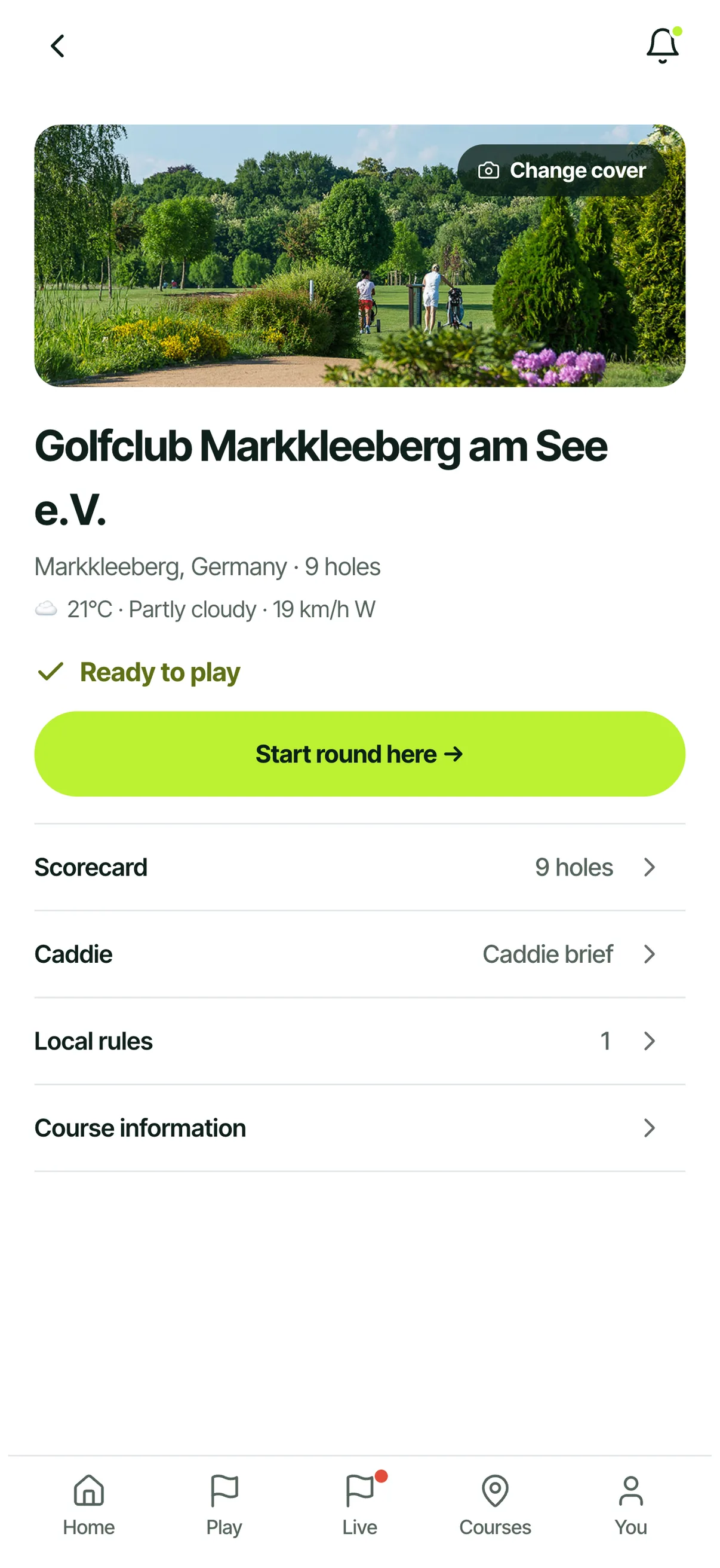 Golf course page on iPhone with an aerial cover photo, scorecard and per-hole detail