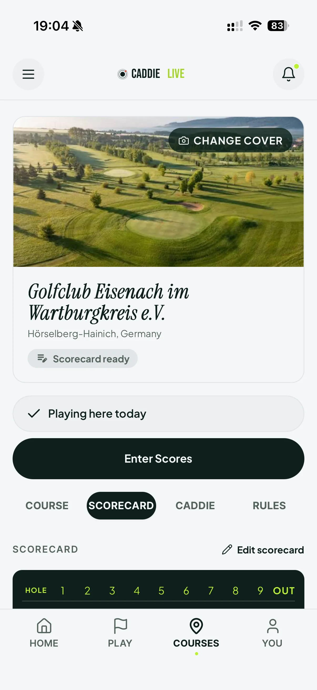 Golf course page on iPhone with an aerial cover photo, scorecard and per-hole detail