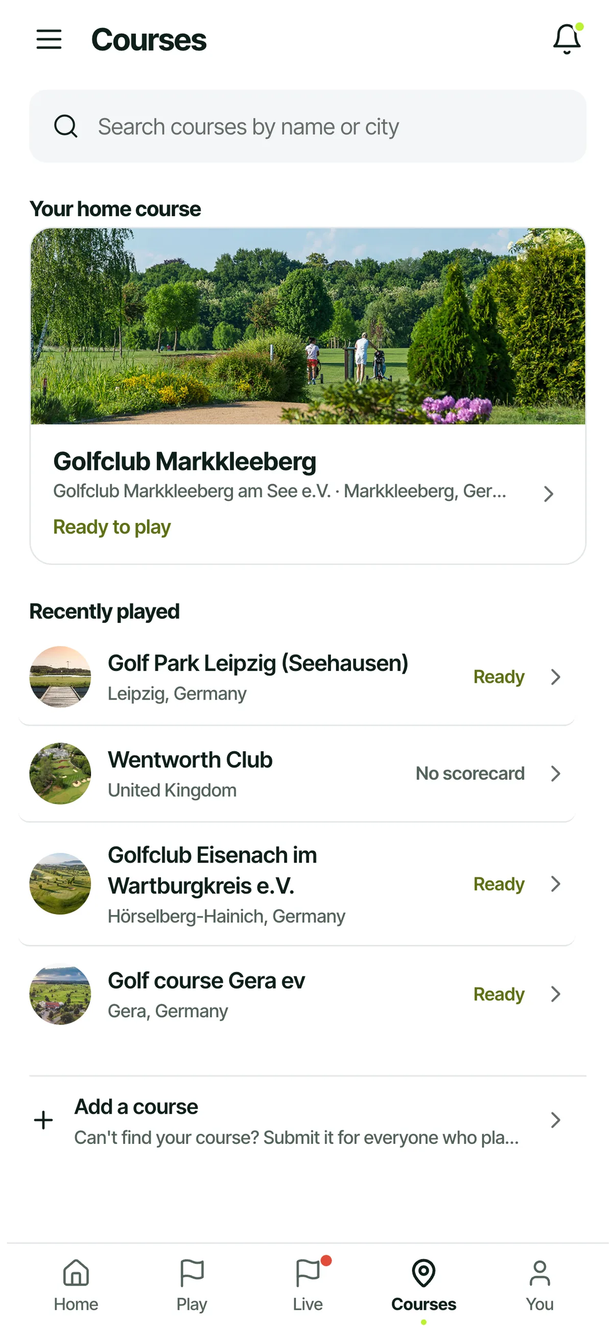 Recently played golf courses on iPhone, each marked scorecard-ready with tee counts
