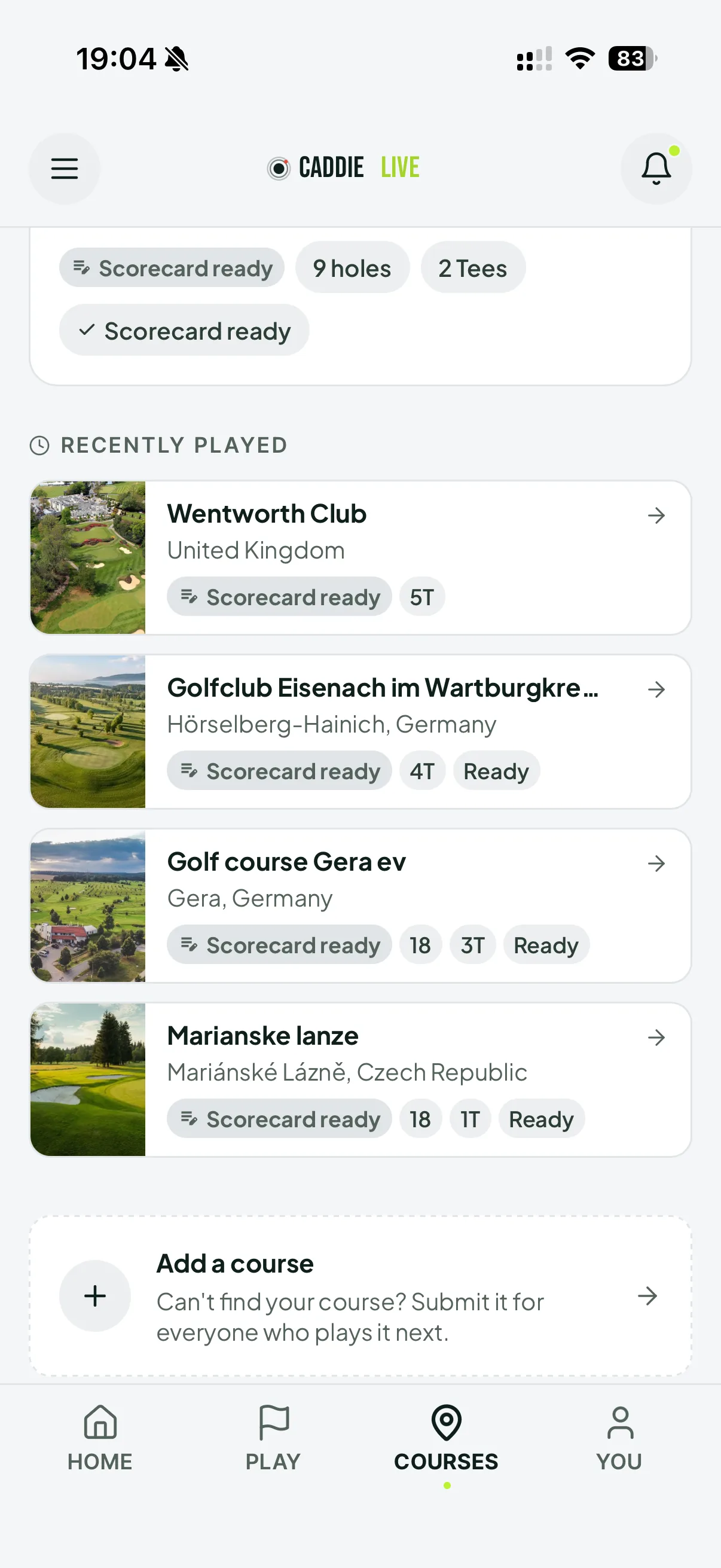 Recently played golf courses on iPhone, each marked scorecard-ready with tee counts