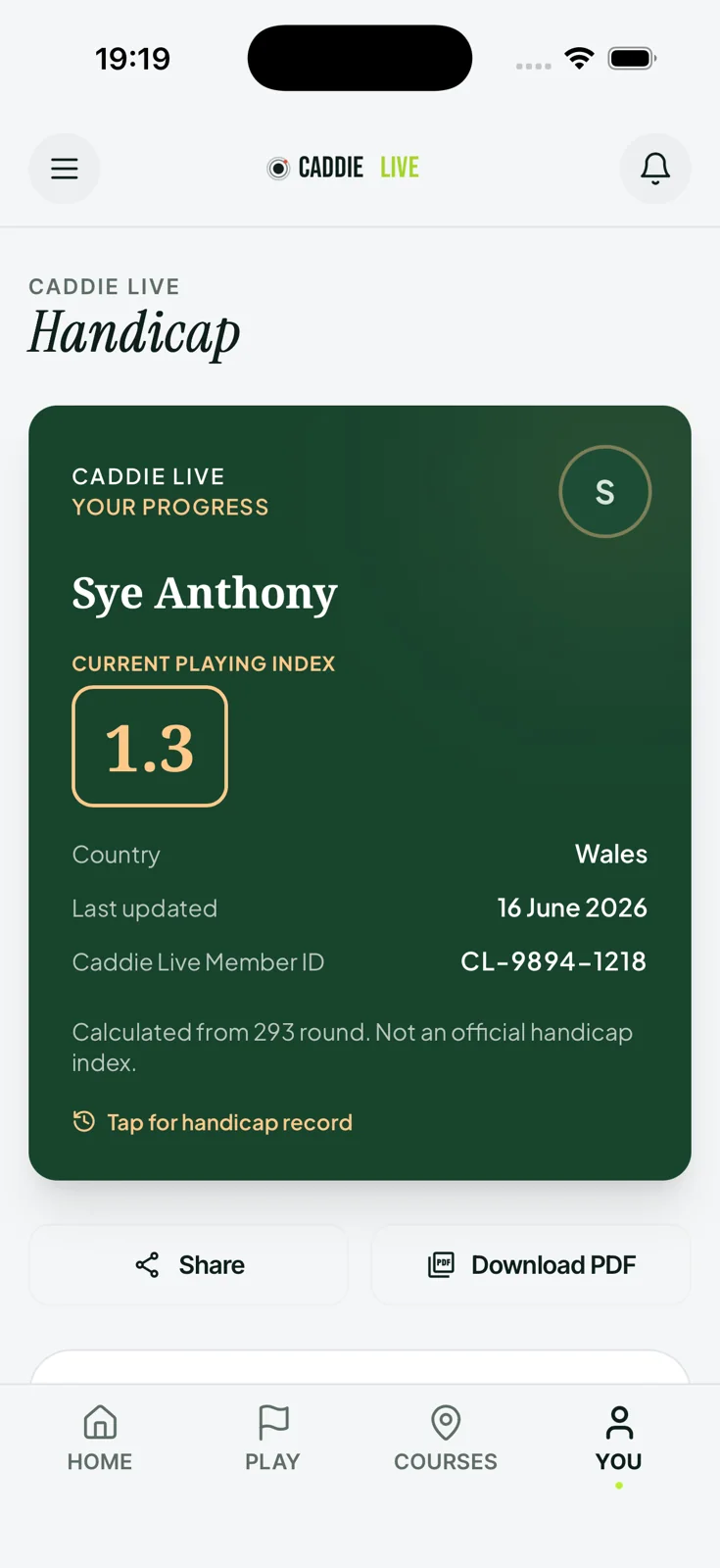 Tessera handicap da golf digitale e condivisibile che mostra un Current Playing Index