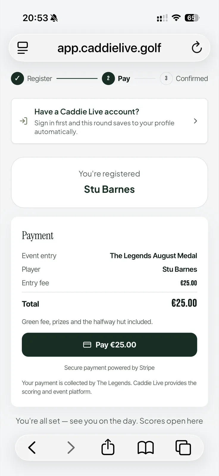 A player paying their entry fee by card on a phone, secured by Stripe