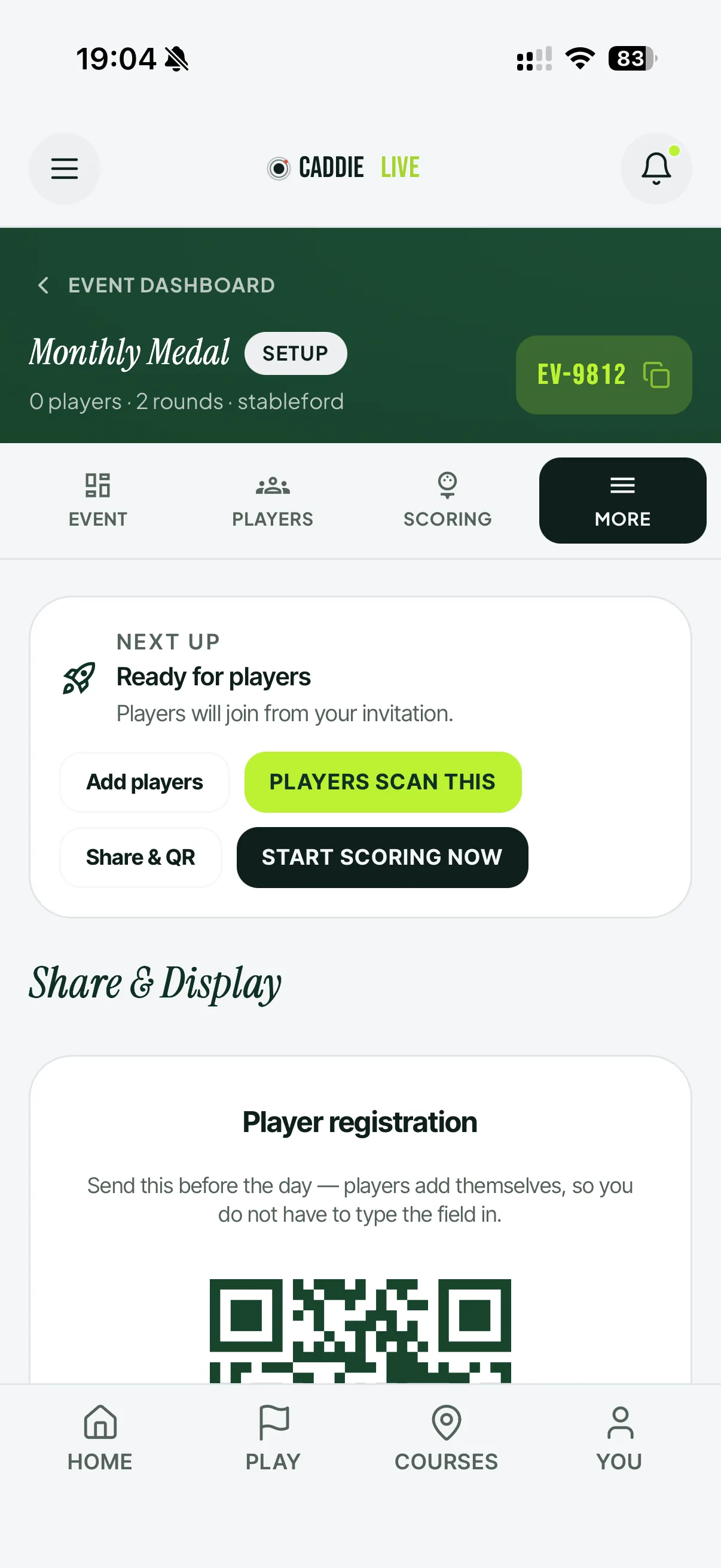 A society fixture dashboard on a phone with a registration QR code and the option to start scoring