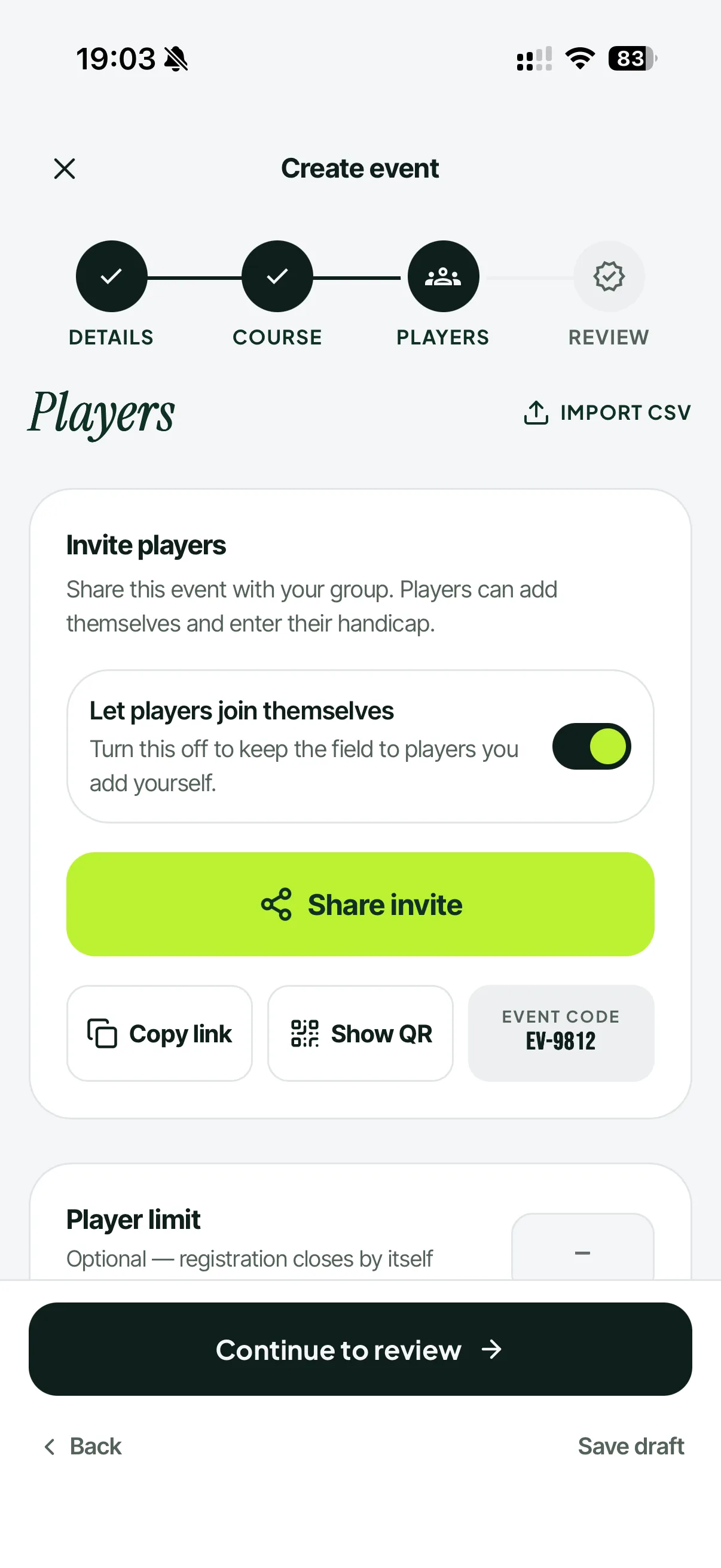 The organiser sharing a fixture on a phone: copy the link, show a QR code, or read out the event code