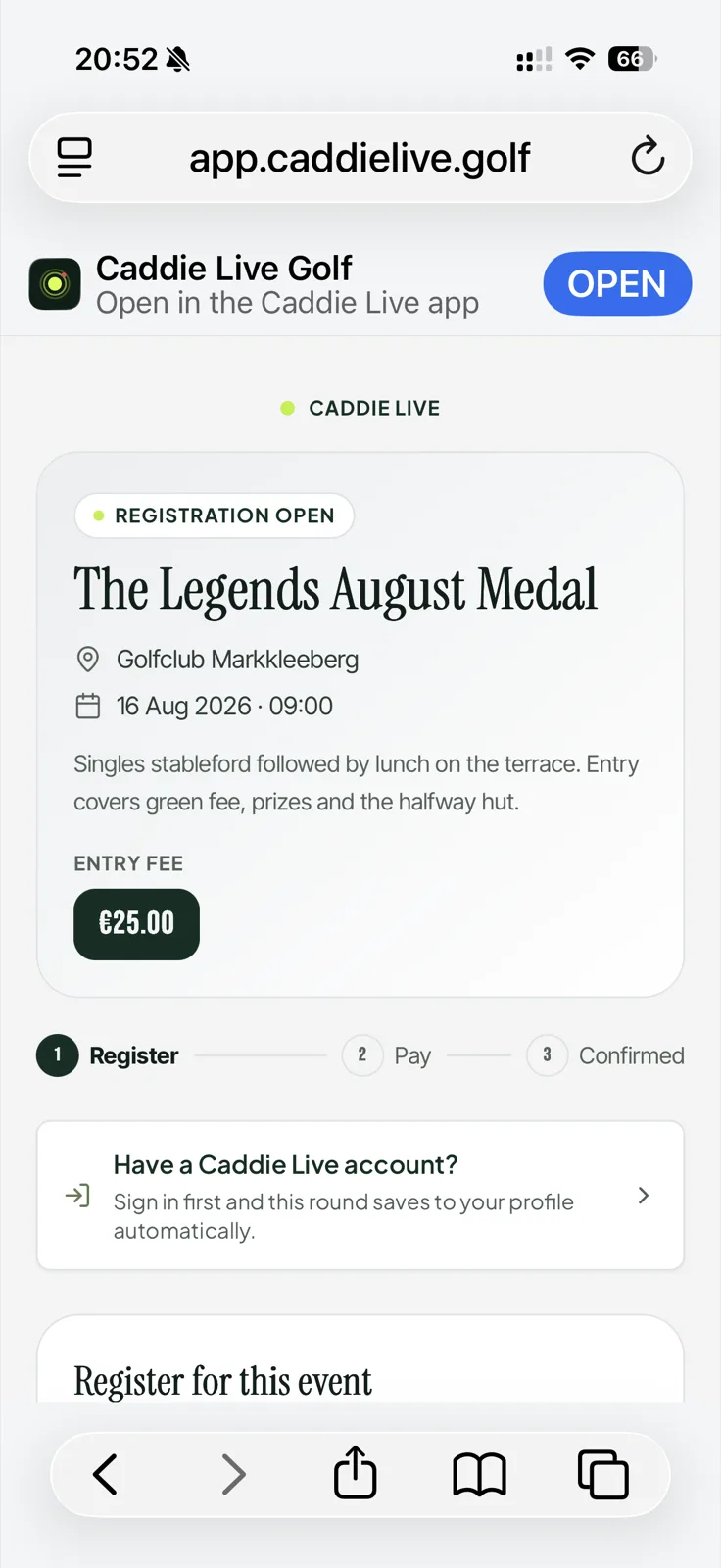 Evenementregistratiepagina op een telefoon met inschrijfgeld en registratie-open status