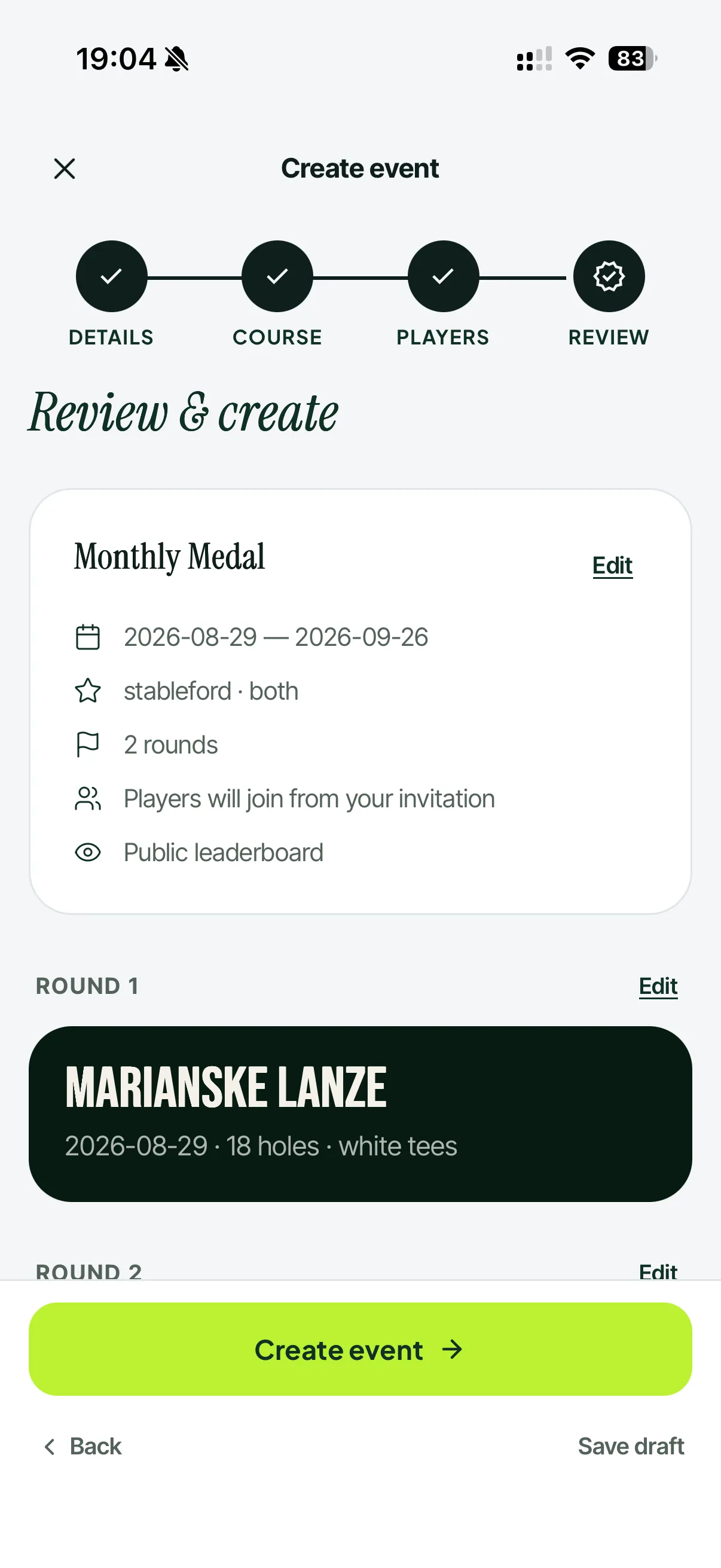 Setting up a society fixture on a phone: reviewing the format, dates and rounds before creating it