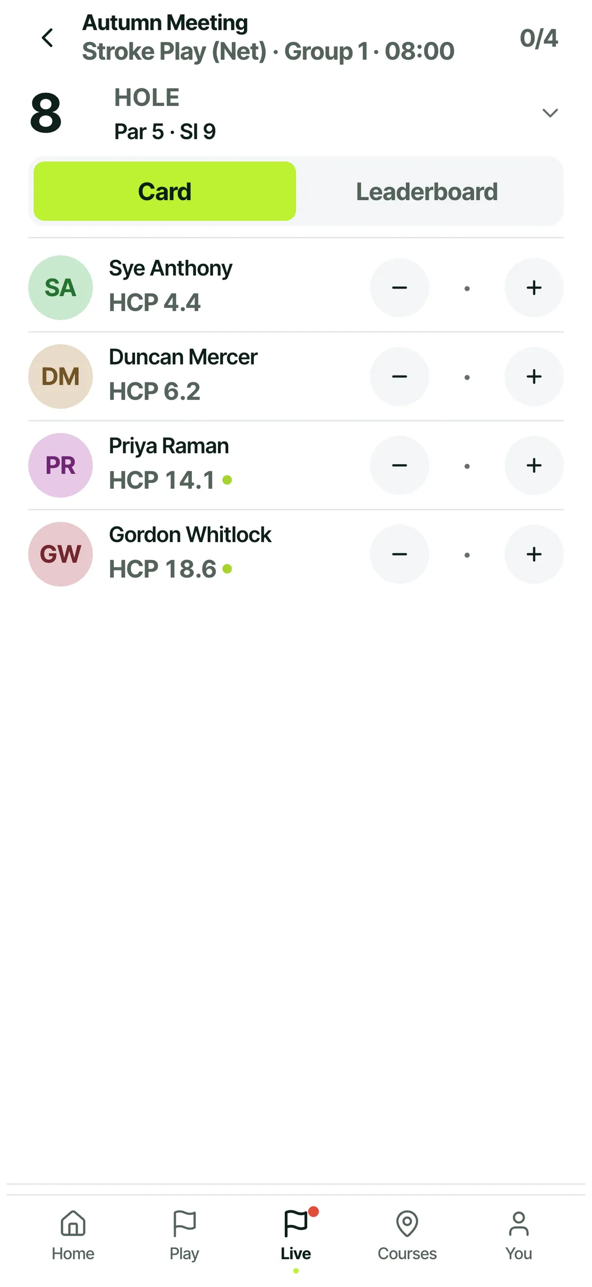 A golf group scorecard on a phone, ready to score, with every player in the group listed