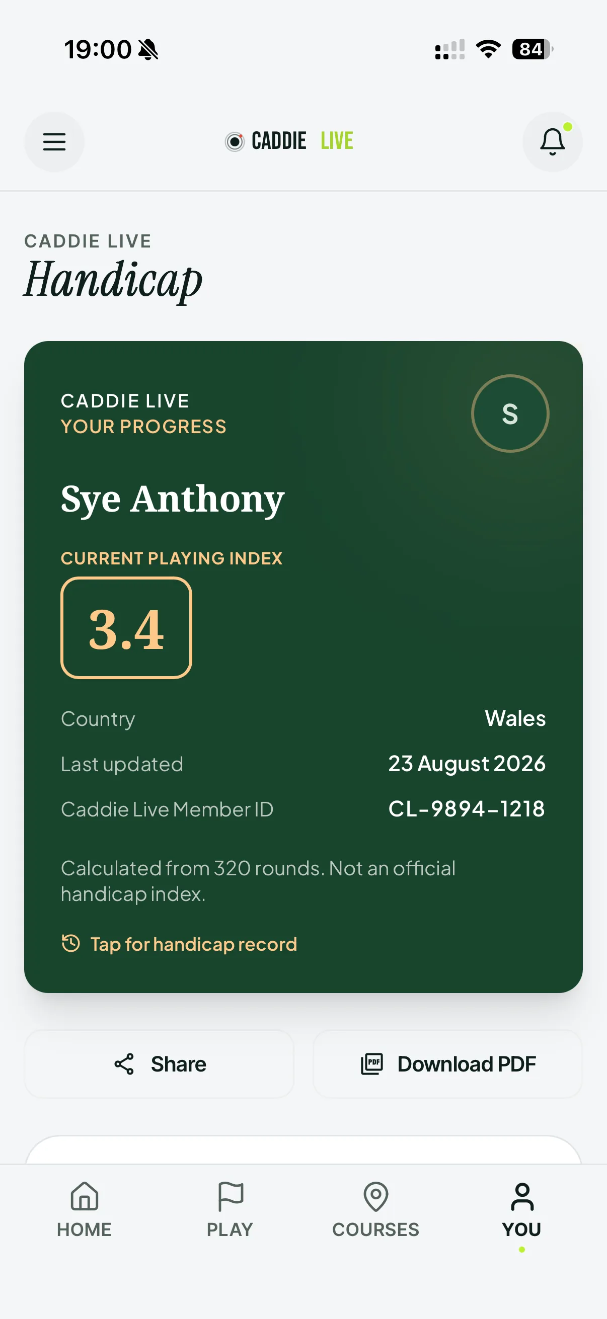 Shareable digital golf handicap card showing a Current Playing Index, member ID and share options