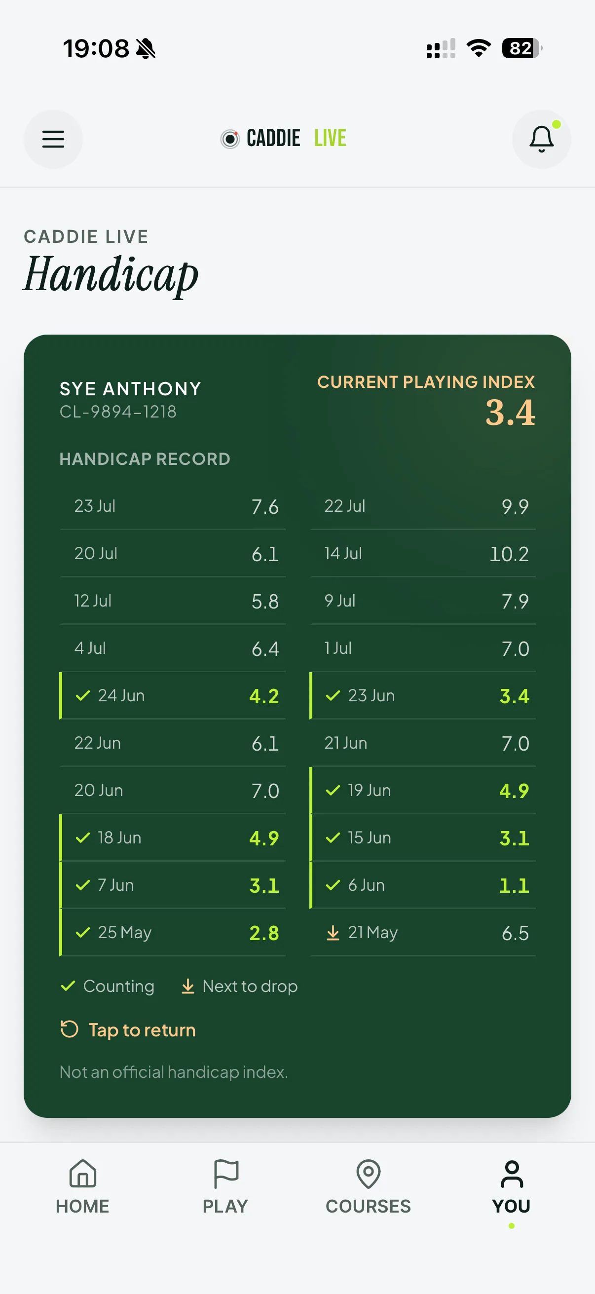 Golf handicap record on iPhone showing which rounds are counting and which is next to drop