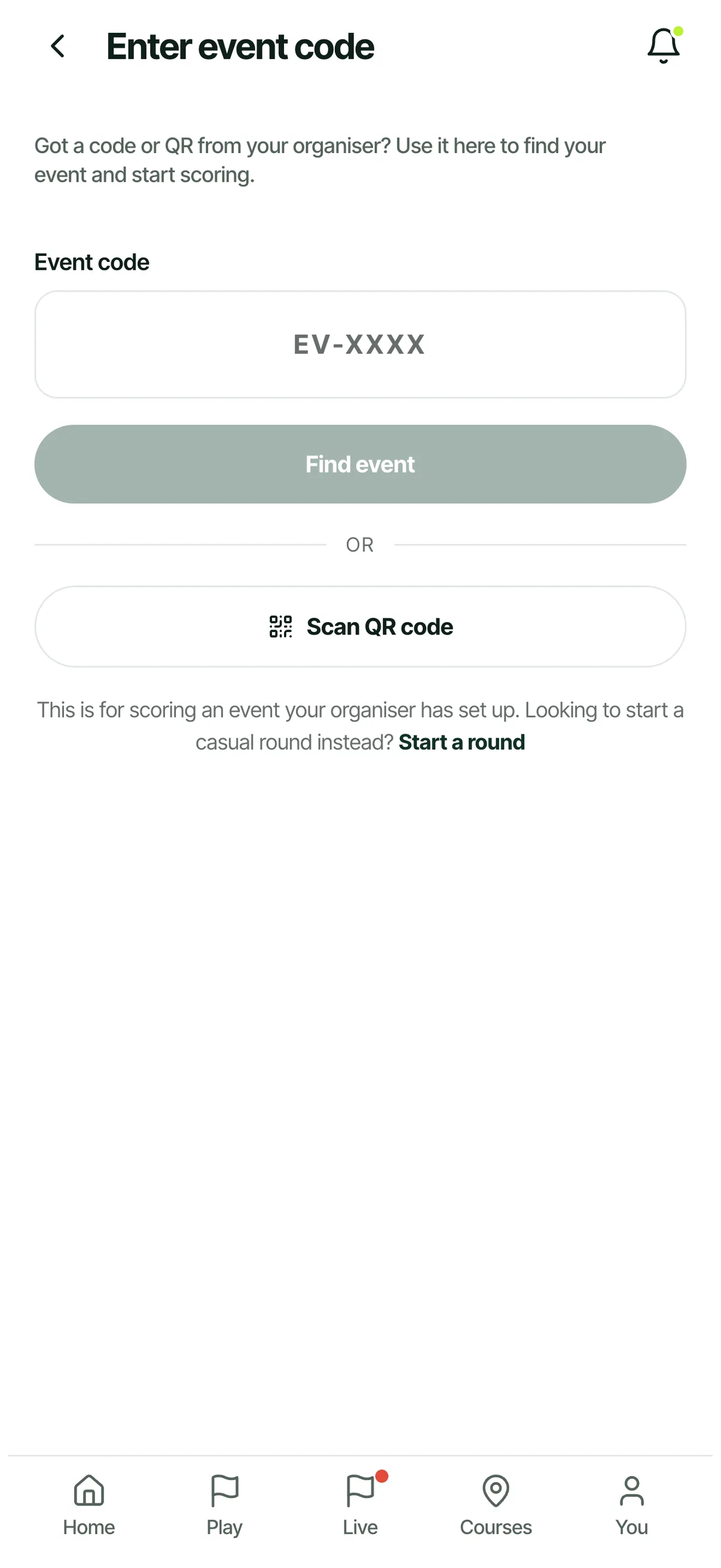 Joining a golf event on a phone by entering the event code or scanning the QR