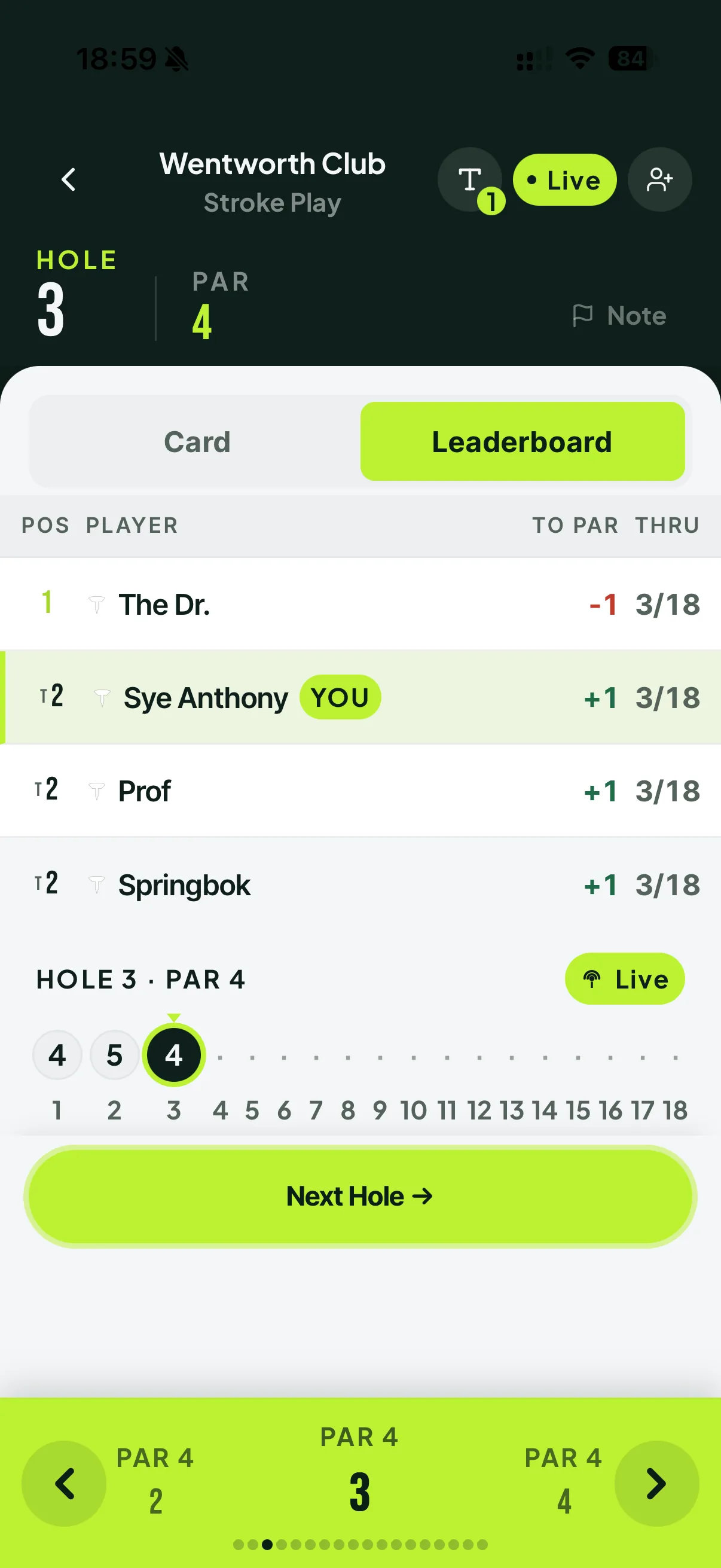 Live golf leaderboard on a phone during a round, showing each player’s position, score to par and holes played