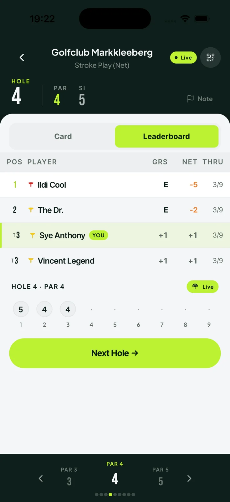 Classifica live dell'evento di un viaggio di golf con posizioni giorno per giorno su iPhone