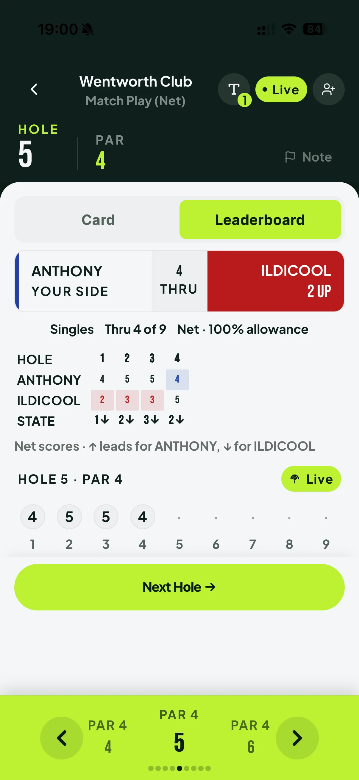 Live match play on a phone showing the match two up with the hole-by-hole state of the game