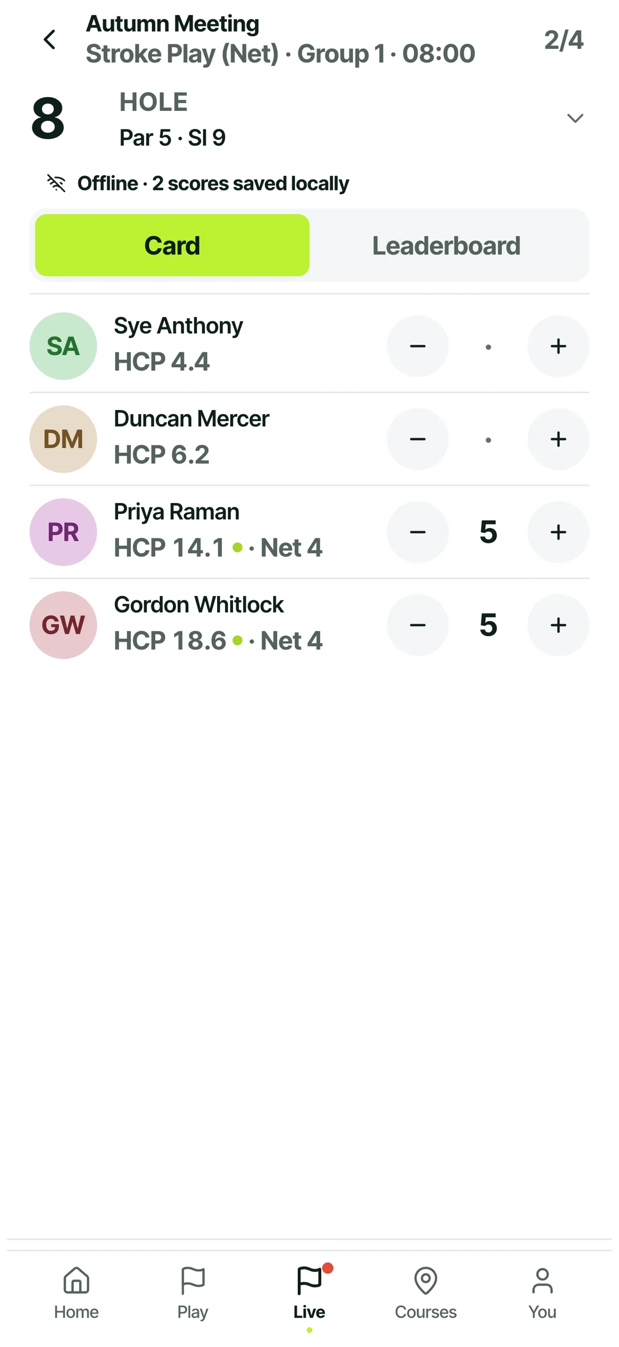 A golf group scorecard on a phone with an offline notice reading that two scores are saved locally, while the card is still being scored