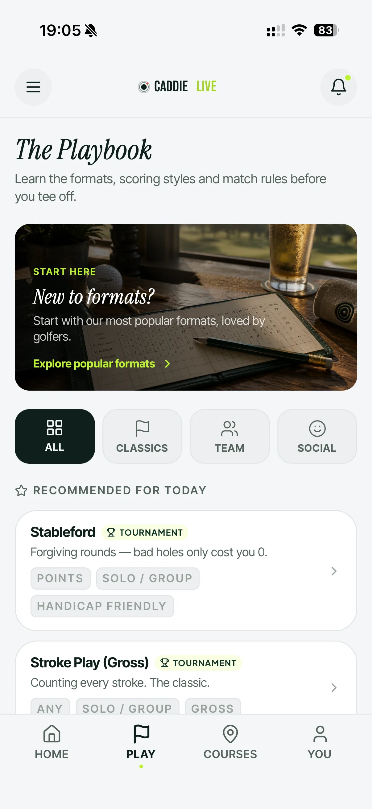 The Caddie Live playbook on iPhone, with formats filtered by classics, team and social games