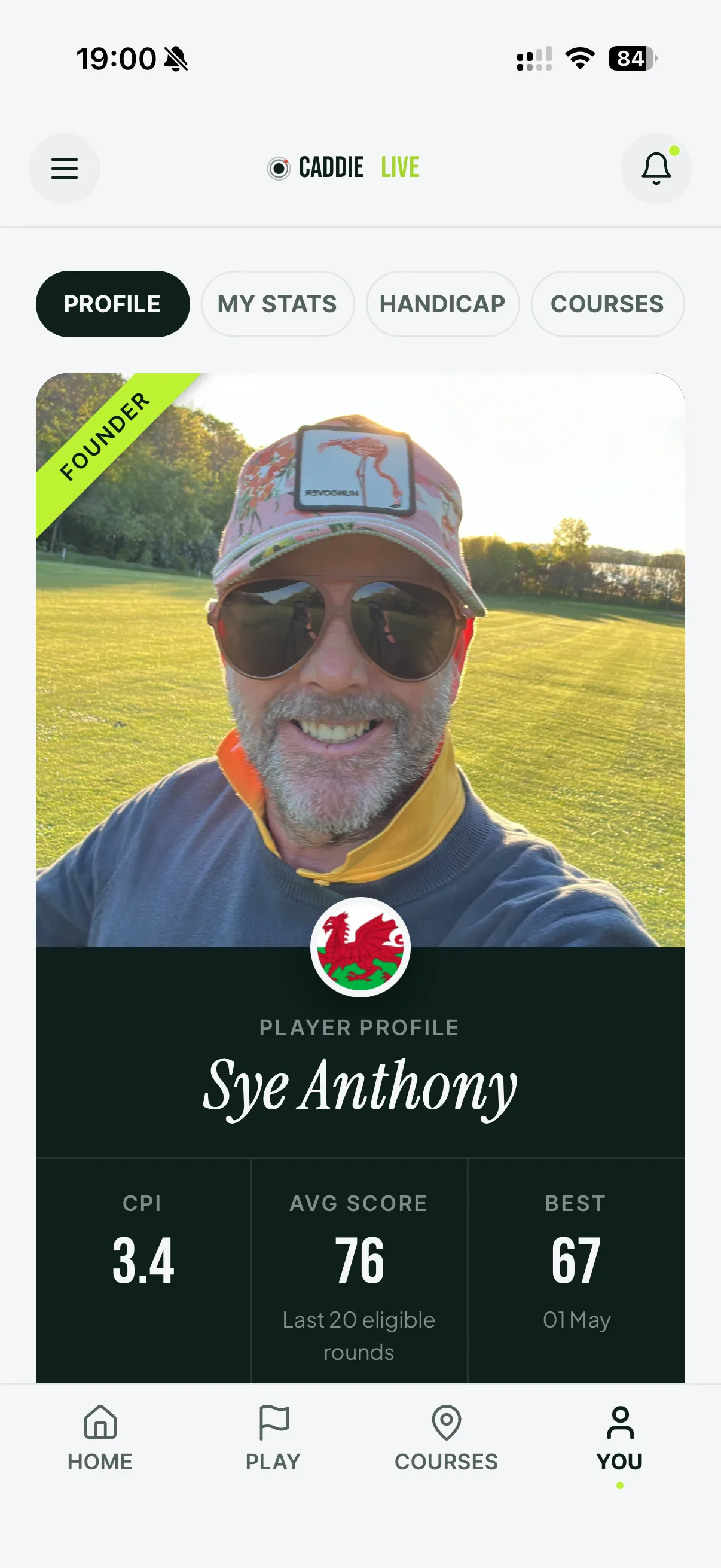 Caddie Live golf player profile on iPhone showing a Current Playing Index, scoring average and best round