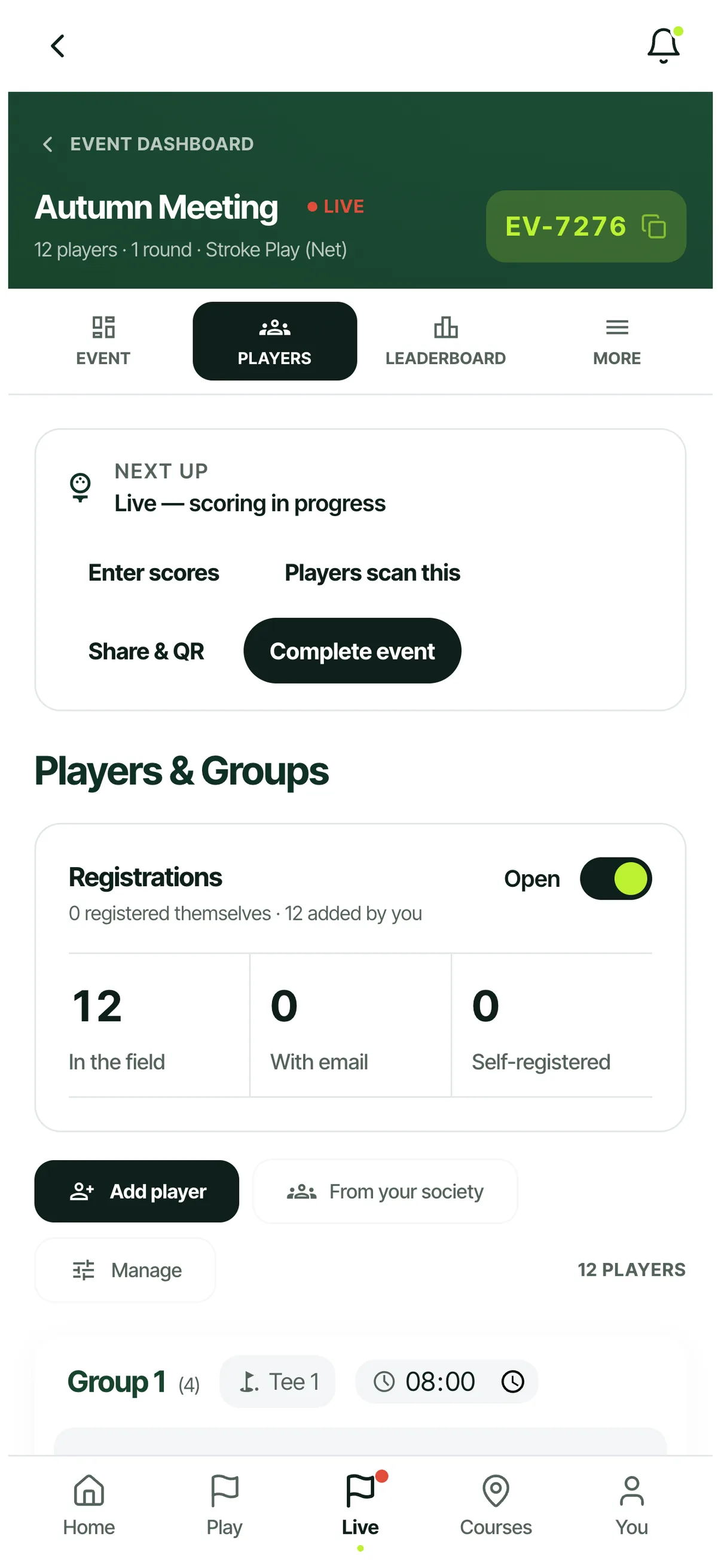 Players and groups on a phone with registration open and twelve members already in the field