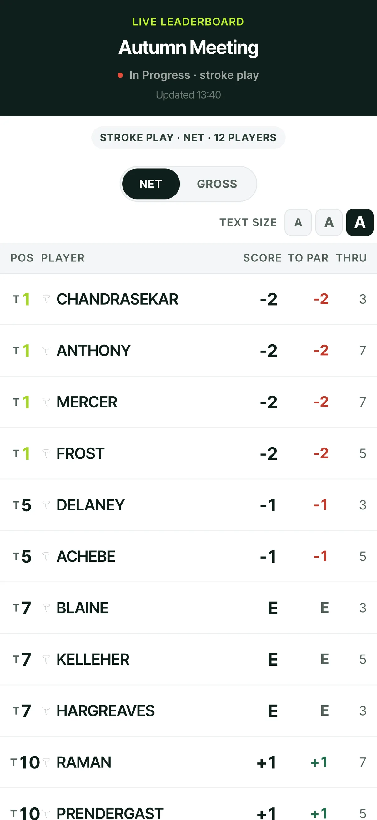 Live golf leaderboard in a phone browser updating as scores come in, with nothing installed