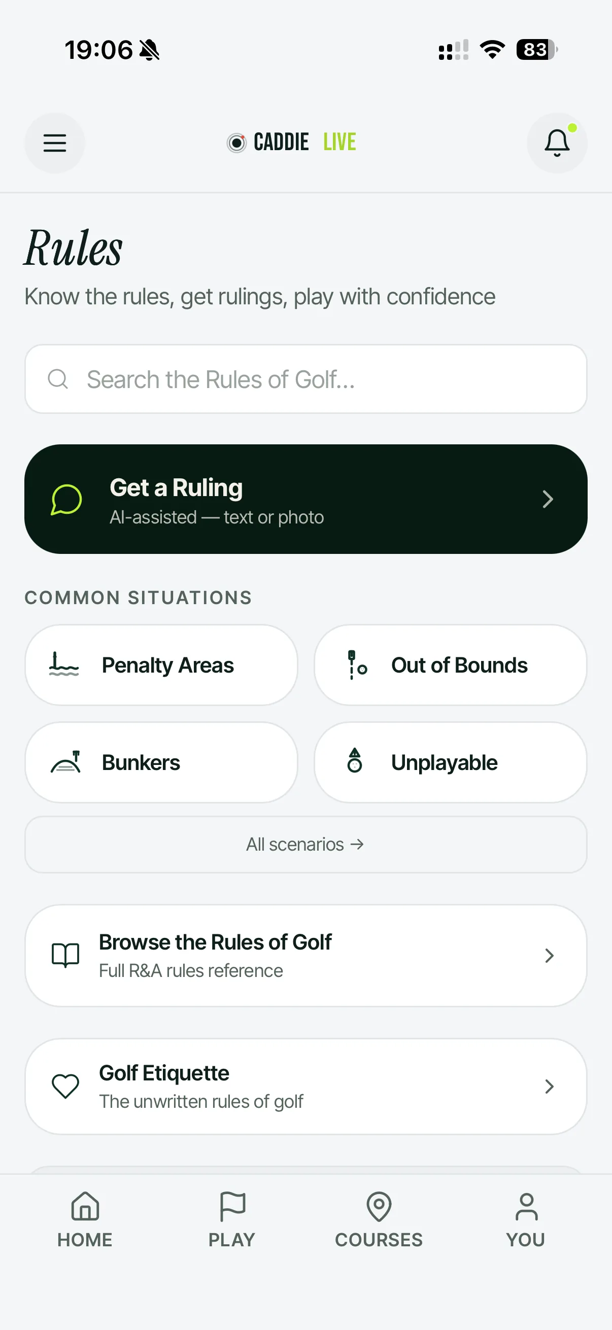 Golf rules on iPhone with a Get a Ruling option and shortcuts for penalty areas, out of bounds, bunkers and unplayable lies
