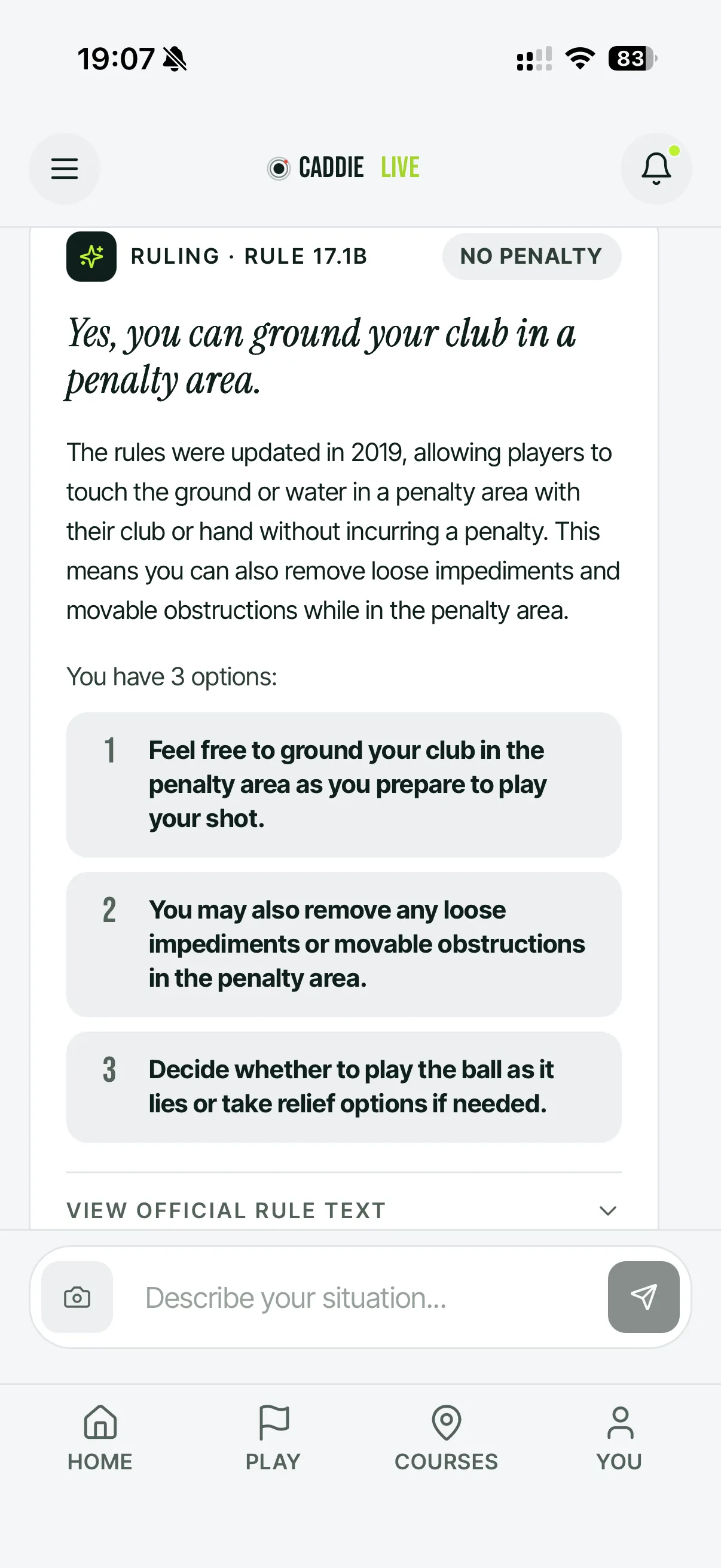 A golf ruling on iPhone citing Rule 17.1b with a no-penalty verdict and the options available