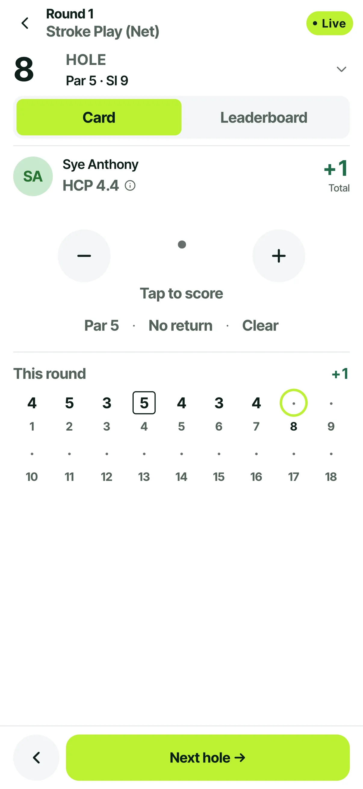 Entering a score on a phone with the hole strip and the putts and fairway row